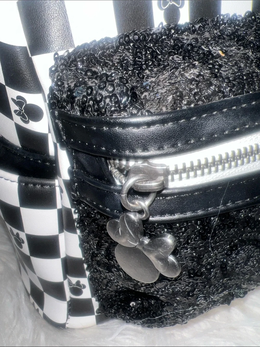 NWOT Disney Minnie Loungefly Black & White Checkerboard Sequin Mini Backpack
